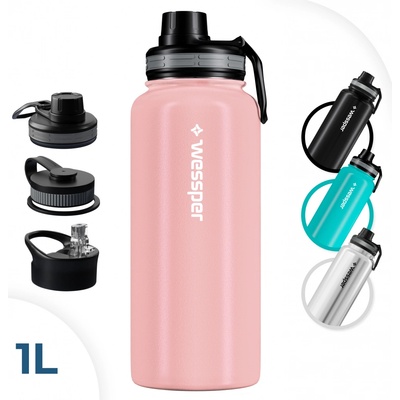Wessper Láhev z nerezové oceli 1 l nepropustná termoska Bpa Free se 3 víčky růžová