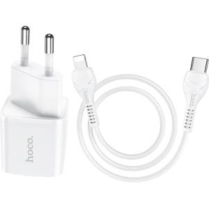 hoco. Зарядно Hoco N10 220V PD20W charger с кабел Type-C to Lightning - Бяло