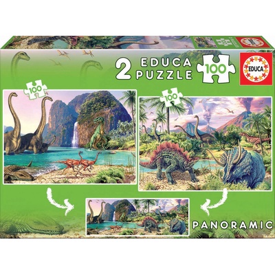 Панорамен пъзел Educa - Дино свят, 2 х 100 части (EDU15620)