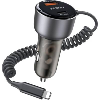 YESIDO Автомобилно зарядно - Yesido Y57 - Lightning пружинен кабел, Type-C/USB-A, 50W - Черно