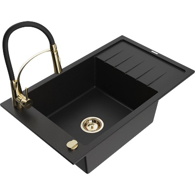 Mexen Elias гранитна мивка с 1 корито с отцедник и кухненски смесител Aster, черен - 6511-77-73450-57-G (6511-77-73450-57-G)