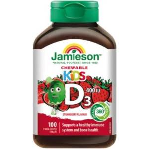 Jamieson Витамин D3 Kids 400 IU таблетки за смучене с вкус на ягода за деца 100табл (IP472)