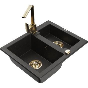 Mexen Carlos гранитна мивка с 1, 5 камери с кухненски смесител Rita, черен/златист металик - 6518-75-670300-50 (6518-75-670300-50)