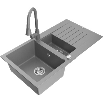 Mexen Matias гранитна мивка 1, 5-коморна с отцеждач и кухненски смесител Elia, сив - 6502-71-670101-71 (6502-71-670101-71)