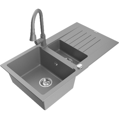 Mexen Matias гранитна мивка 1, 5-коморна с отцеждач и кухненски смесител Elia, сив - 6502-71-670101-71 (6502-71-670101-71)
