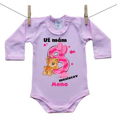 Boodyy Ružové body s dlhým rukávom Už mám 8 mesiacov s Medvedíkom a menom dieťatka Dievča