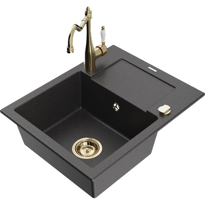 Mexen Enzo еднокоморна гранитна мивка със сушилник и кухненски смесител Carla, черен с пръски - 6506-76-670700-50 (6506-76-670700-50)
