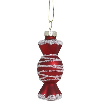 Červenobílá skleněná vánoční ozdoba bonbón Ø 3,5*8,5cm Chic Antique