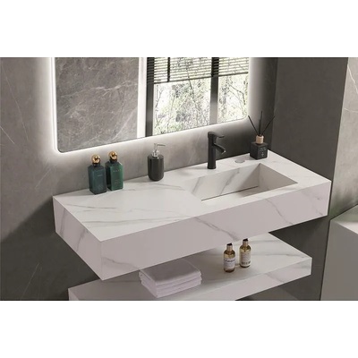 Inter Ceramic Мивка за баня PIETRA / ICL 12049/120W RIGHT, стенен монтаж, кварц, бял, 120x50x18см (12049/120W RIGHT)