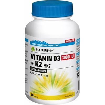 NatureVia Vitamin D3 3000IU + K2 MK7 60 kapslí