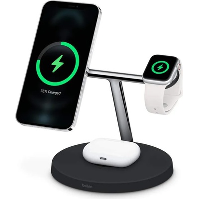 Belkin Boost Charge Pro 3-in-1 Wireless Charger with MagSafe 15W - тройна поставка (пад) за безжично зареждане за iPhone с Magsafe, Apple Watch и AirPods Pro (черен)