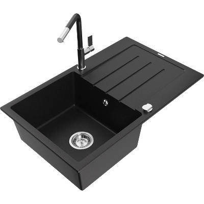 Mexen Bruno гранитна мивка с 1 камера с отцедник и кухненски смесител Flora, черен - 6513-77-670401-07 (6513-77-670401-07)