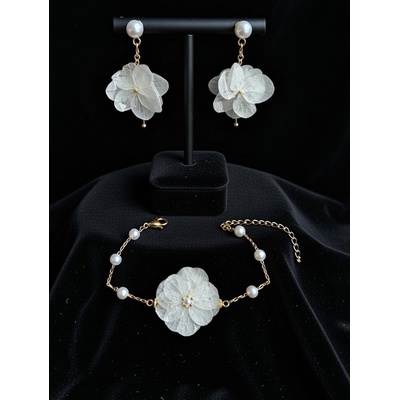 Meganflo Комплект обеци и гривна от бяла хортензия