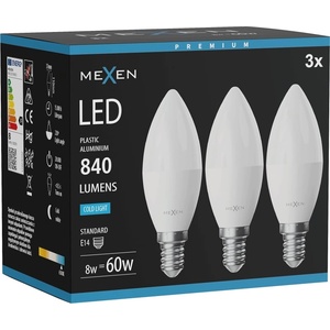 Mexen Nova 3x LED крушка E14, C37, 8W, Студена светлина - 6500K, 840 lm - L102-E14-0865-01x03 (L102-E14-0865-01x03)
