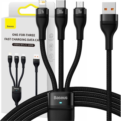 Baseus CASS030001 Flash Series 3v1 USB-A na USB-C, Lightning, MicroUSB 100W, 1,2m, černý