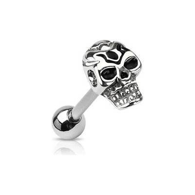 Šperky eshop piercing do jazyka z chirurgické oceli motiv lebky stříbrná s patinou Z31.03