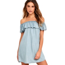 Lulus dámské šaty Standout Style Dark Blue Chambray Off the Shoulder Dress