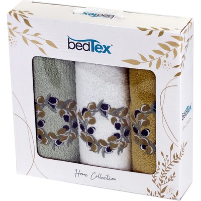 BedTex dárkový set froté ručníků OLIVOVÝ VĚNEČEK, zelený s výšivkou, 30 x 50 cm, 3ks