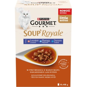 Gourmet Soup Royale Храна за възрастни котки със сьомга, плоска риба и треска 6 x 45 г