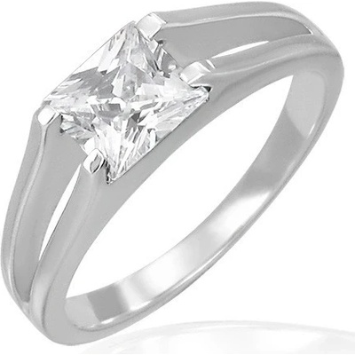 Šperky eshop Snubní prsten zirkon čtvercový v úchytu dvojitých linek F7.4