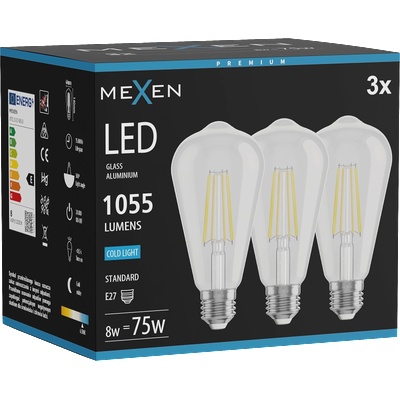 Mexen Vintis 3x LED филамент крушка E27, ST64, 8W, Студена - 6500K, 1055 lm, прозрачна (L152-E27-0865-00x03)