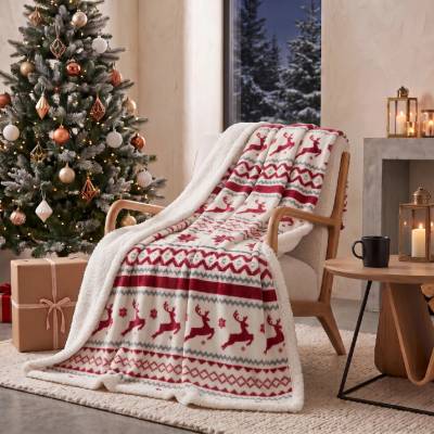 MyBestHome vánoční deka s beránkem z mikrovlákna NATALE bílá/červená 150x200