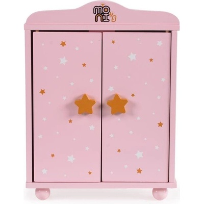 Moni Дървен гардероб за кукли с 3 закачалки розов (3800146222499)