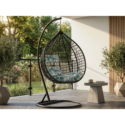 Textilomanie Černé závěsné křeslo KOKON se stojanem zeleno-bílý polštář – Zboží Dáma