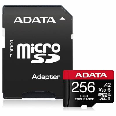 Карта памет 256GB microSDXC (с адаптер), A-Data High Endurance, UHS-I U3 Class 10, скорост на четене 100MB/s, скорост на запис 80MB/s (AUSDX256GUI3V30SHA2-RA1)