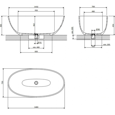 Omnires Shell M+ 148 x 75 cm SHELL148WWBLV