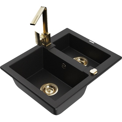 Mexen Carlos гранитна мивка 1, 5-коморна с кухненски смесител Rita, черен - 6518-77-670300-50 (6518-77-670300-50)