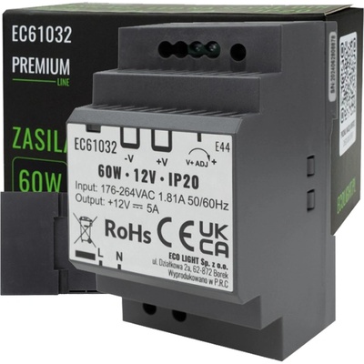 Eco Light Napájecí zdroj na DIN lištu 12V 60W 5A pro IP20 PREMIUM LED pásek EC61032