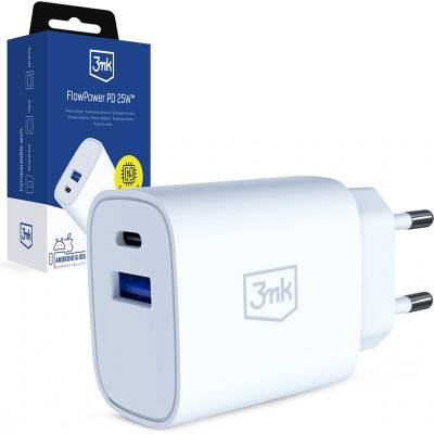 3mk Protection Зарядно устройство 3mk Wall Charger GaN - USB, Type-C 25W, QC4 - Бяло