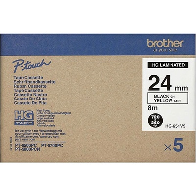 Brother originál páska do tlačiarne štítkov, Brother, HGE-651, čierny tlač/žltý podklad, 8m, 24mm HGE651V5