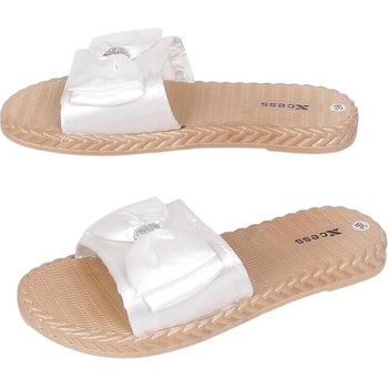 Дамски бели чехли с панделка и камъчета