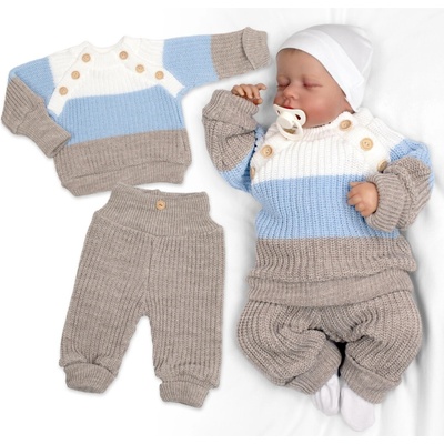 Baby Nellys Rostoucí pletený svetřík a kalhoty s knoflíčky Boy 2D proužky