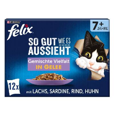 FELIX Senior chutná tak dobře, jak vypadá. Pochoutka v želé, různé příchutě, 12 × 85 g