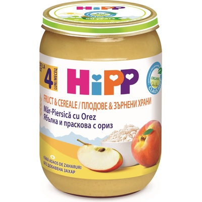Hipp Био пълнозърнеста каша Hipp - Праскова, ябълка и ориз, 190 g (4703)