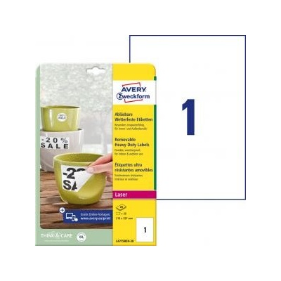 Etikety polyesterové veľmi odolné 210x297mm Avery A4 biele odnímateľné 20 hárkov
