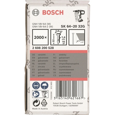 BOSCH Klince so zápustnou hlavou SK64 20G 32 mm, pozinkovaný 2.608.200.528