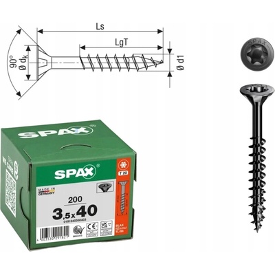 Šrouby do dřeva SPAX 3,5x40mm Torx, částečný závit, zápustná hlava, černé, 200 ks