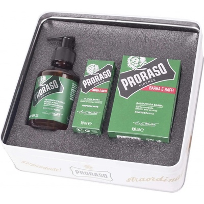 Proraso Eucalyptus šampon na vousy 200 ml + balzám na vousy 100 ml + olej na vousy 30 ml + plechová dóza darčeková sada