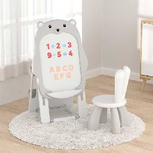 Feelkids Детски комплект от дъска за рисуване 2 в 1 и стол, Сиво мече