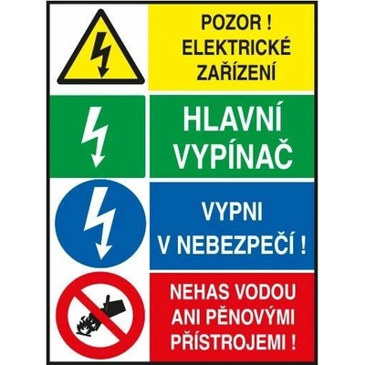 Pozor ! Elektrické zařízení / Hlavní vypínač / Vypni v nebezpečí ! / Nehas vodou... Plast A5