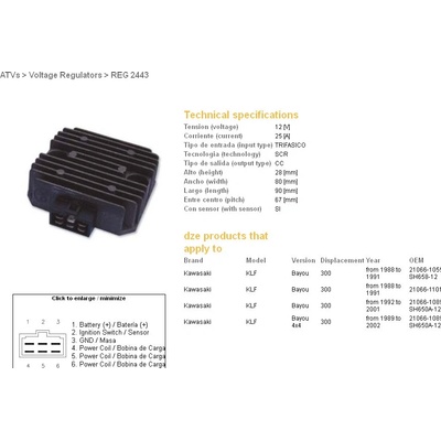 DZE regulátor napětí KAWASAKI KLF 300 BAYOU 88-02; KEF 300 LAKOTA 95-03; KFX 300 01-04 (SH650A-12) (21066-1089)