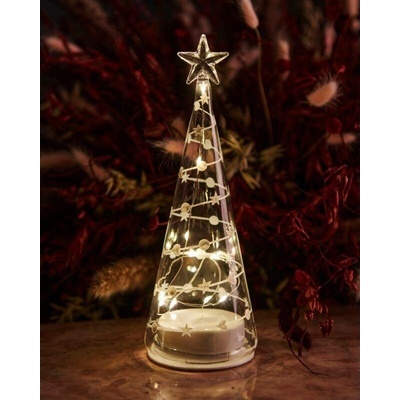 SIRIUS LED svetelný stromček sklenený, číry, 22 cm, biely dekor