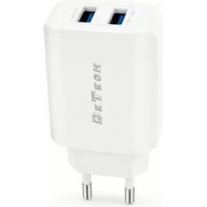 DeTech Мрежово зарядно устройство DeTech DE-58C, 5V/2.4A, 220V, 2 x USB, с Type-C кабел, 1.0m, Бял - 40539
