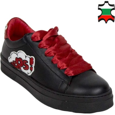 Български обувки Дамски кецове от естествена кожа с червени сатенени вързанки 34180