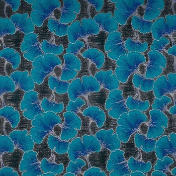 Kostýmovka antracit, smaragdový list ginkgo, š.140