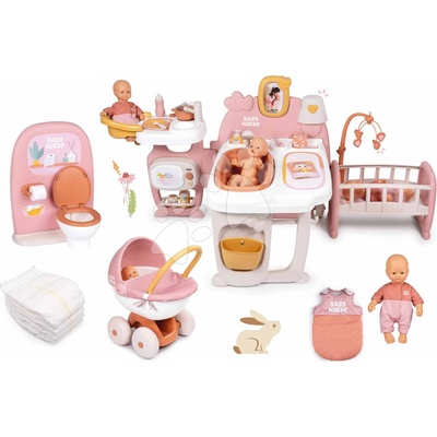 Smoby Set domček pre bábiku trojkrídlový a hlboký kočík Large Doll´s Play Center Soft Baby Nurse a 32 cm bábika v dupačkách